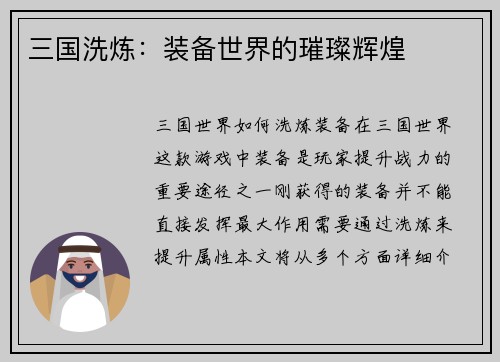 三国洗炼：装备世界的璀璨辉煌